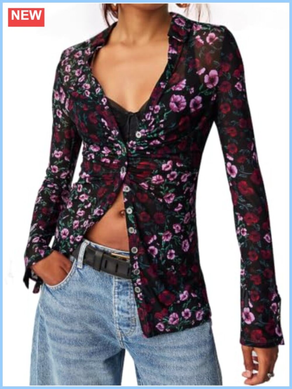 Sheer Mesh Slim Fit Button Down Blouse - Boho Floral V Neck Long Sleeve Top